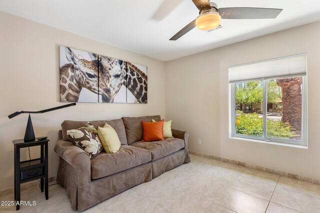 7510 E Larkspur Dr, Scottsdale, AZ 85260 - living room featuring ceiling fan, light tile patterned floors, and baseboards