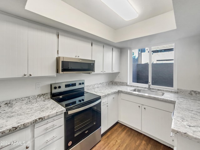 kitchen with stainless steel appliances, a tray ceiling, dark wood-type flooring, sink, and white cabinets