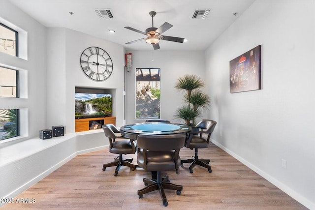 office area featuring ceiling fan and light hardwood / wood-style floors