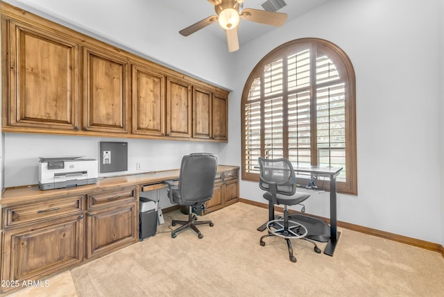 3217 N Piedra Cir, Mesa, AZ 85207 - office featuring a ceiling fan, light colored carpet, built in study area, and baseboards