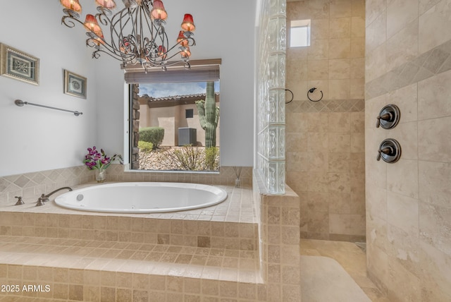 3217 N Piedra Cir, Mesa, AZ 85207 - bathroom featuring a garden tub, walk in shower, and a chandelier