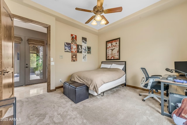 3217 N Piedra Cir, Mesa, AZ 85207 - carpeted bedroom with access to outside, an office area, baseboards, french doors, and a ceiling fan