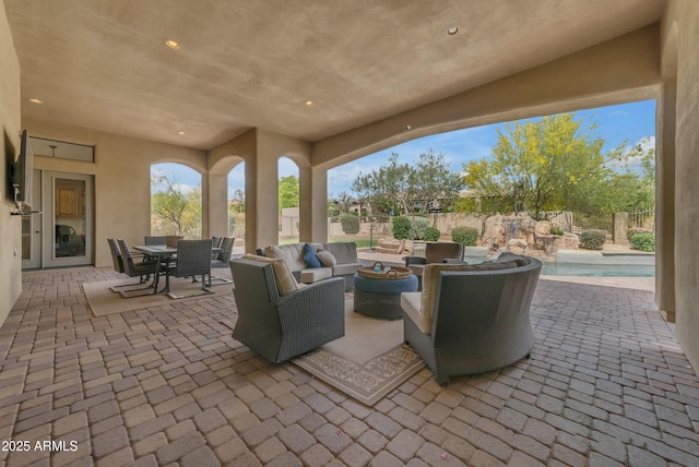 3217 N Piedra Cir, Mesa, AZ 85207 - view of patio with outdoor lounge area, a fenced backyard, and outdoor dining area