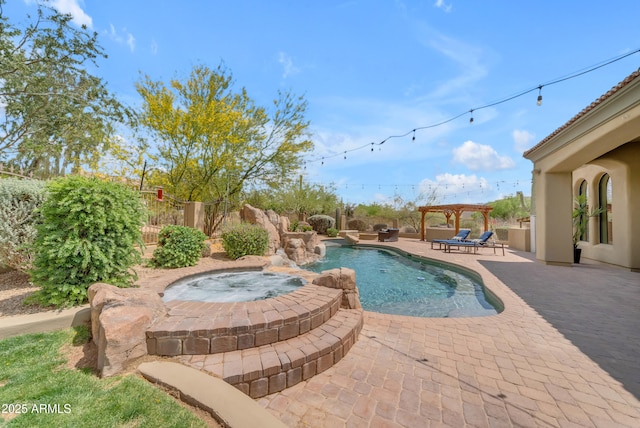 3217 N Piedra Cir, Mesa, AZ 85207 - view of pool with an in-ground hot tub, a pergola, a fenced backyard, and a patio area