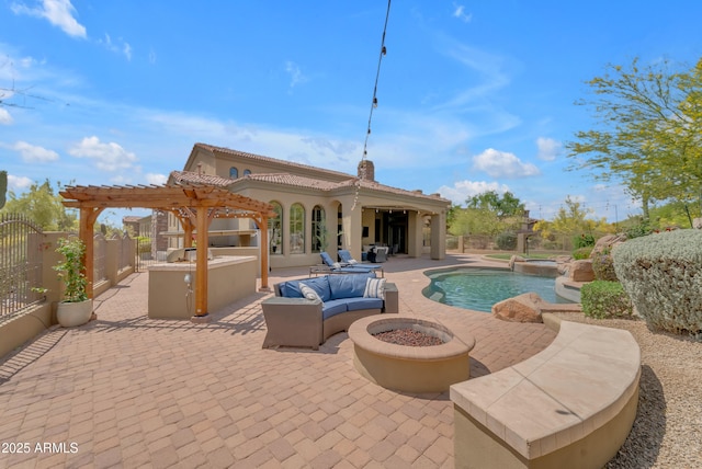 3217 N Piedra Cir, Mesa, AZ 85207 - view of patio / terrace featuring a pergola, fence, and an outdoor living space with a fire pit