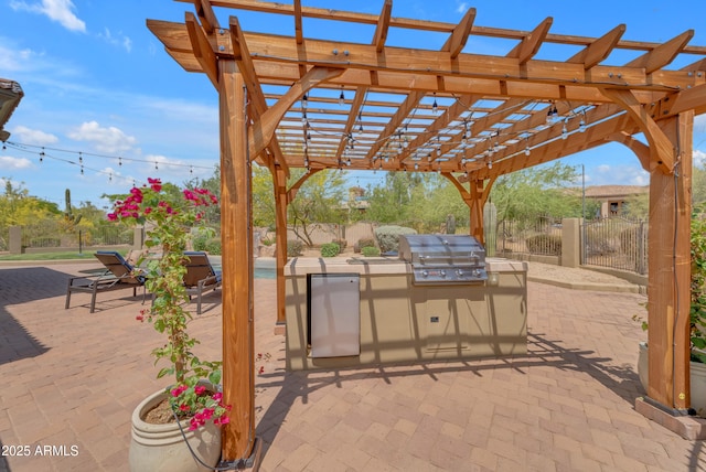 3217 N Piedra Cir, Mesa, AZ 85207 - view of patio / terrace featuring exterior kitchen, area for grilling, fence, and a pergola