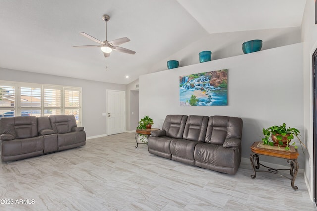 living room with vaulted ceiling and ceiling fan