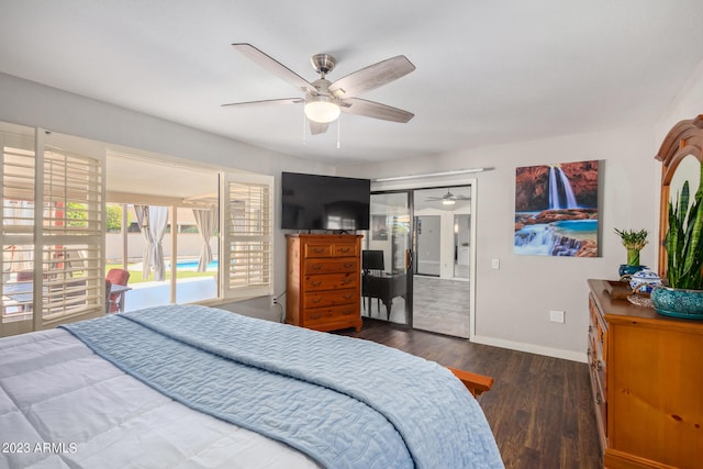 bedroom with access to exterior, ceiling fan, dark hardwood / wood-style floors, and a closet