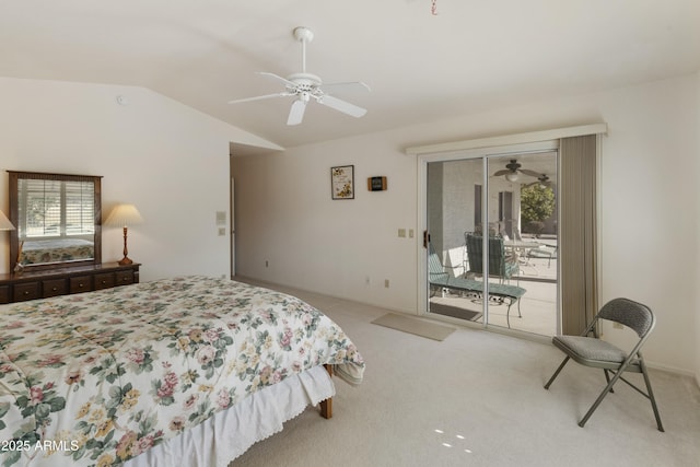 carpeted bedroom featuring ceiling fan, vaulted ceiling, and access to outside