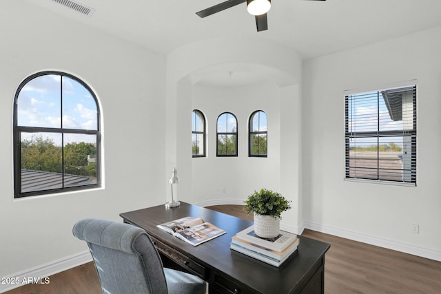 7917 S 32nd Ter, Phoenix, AZ 85042 - office featuring dark wood-type flooring, ceiling fan, and a healthy amount of sunlight