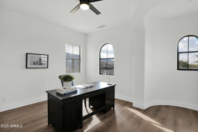 7917 S 32nd Ter, Phoenix, AZ 85042 - office area featuring dark wood-type flooring and ceiling fan