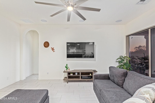 living room with ceiling fan