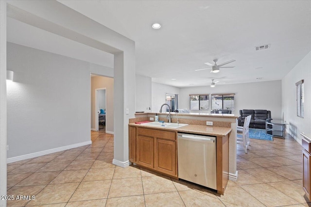 kitchen featuring a sink, stainless steel dishwasher, open floor plan, a peninsula, and light countertops