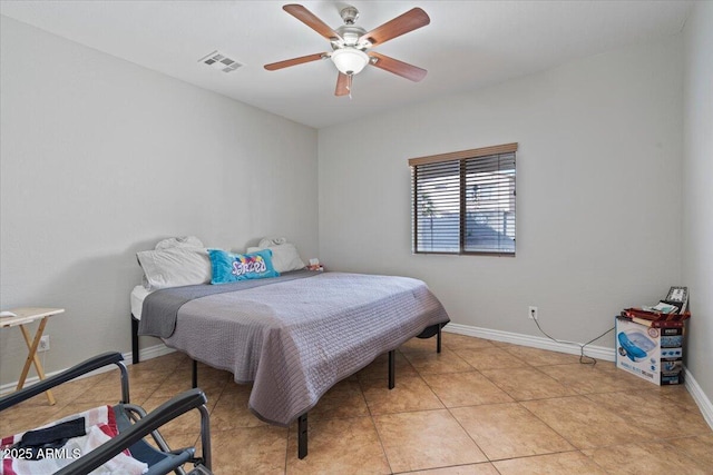 bedroom featuring light tile patterned flooring, visible vents, ceiling fan, and baseboards