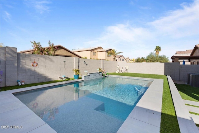 view of swimming pool with a fenced in pool, central AC, and a fenced backyard