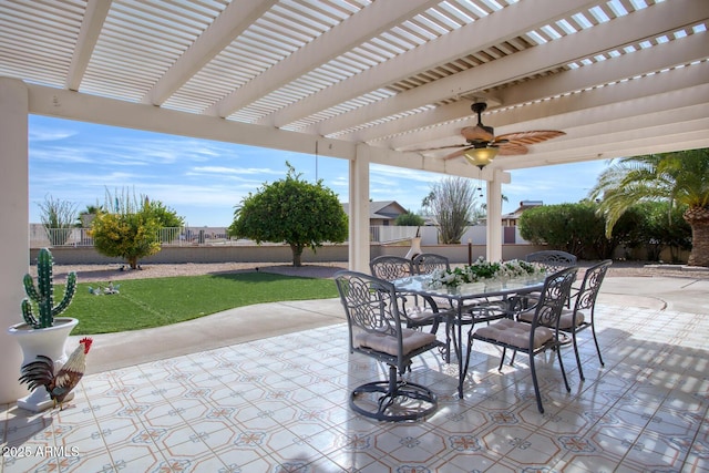 view of patio with ceiling fan and a pergola