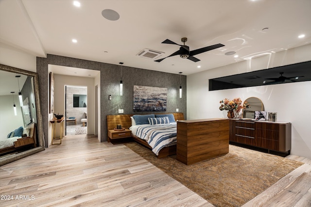 bedroom featuring ceiling fan and light wood-type flooring