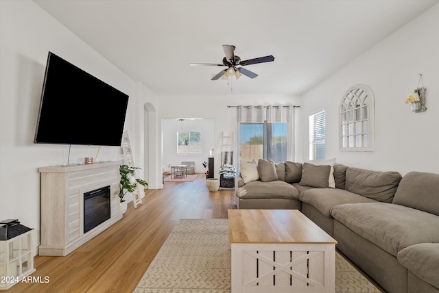 living room featuring ceiling fan and wood-type flooring