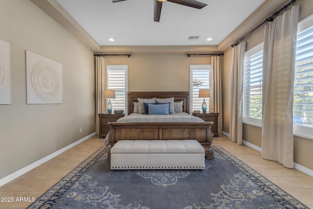 bedroom featuring ceiling fan and light tile patterned floors