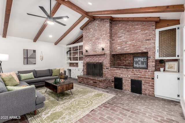 48 S Catalina St, Gilbert, AZ 85233 - living area featuring a fireplace, brick floors, and a ceiling fan