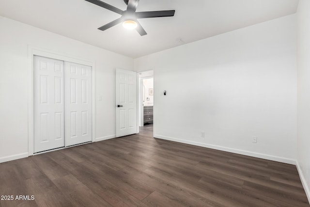 48 S Catalina St, Gilbert, AZ 85233 - unfurnished bedroom with dark wood-style flooring, a closet, and ceiling fan