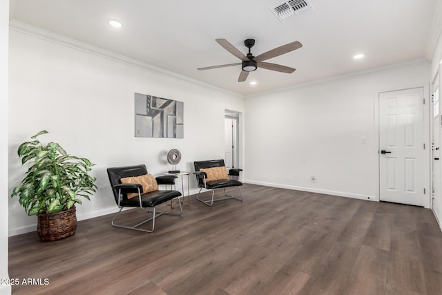 48 S Catalina St, Gilbert, AZ 85233 - living area with a ceiling fan, dark wood-style floors, crown molding, and recessed lighting