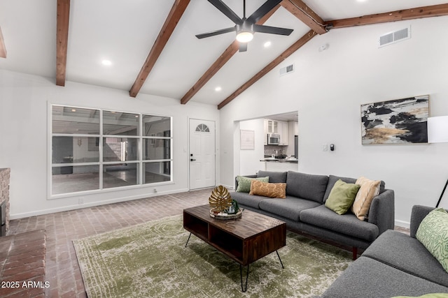 48 S Catalina St, Gilbert, AZ 85233 - living room with ceiling fan, beam ceiling, high vaulted ceiling, recessed lighting, and brick patterned flooring