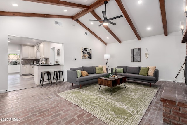 48 S Catalina St, Gilbert, AZ 85233 - living area featuring recessed lighting, beamed ceiling, ceiling fan, high vaulted ceiling, and brick flooring