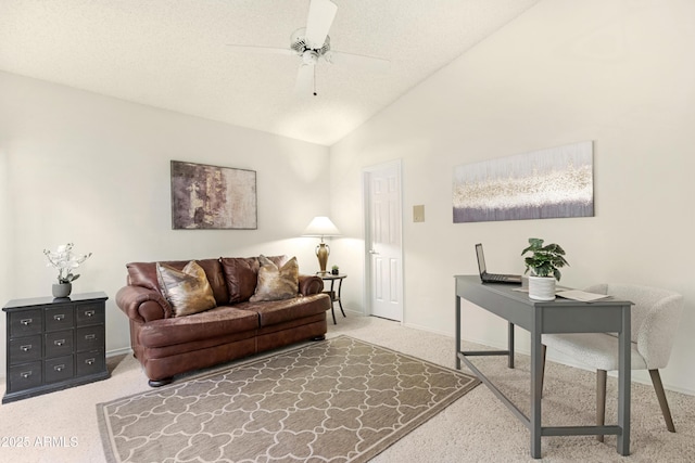 carpeted living room with lofted ceiling, ceiling fan, and a textured ceiling