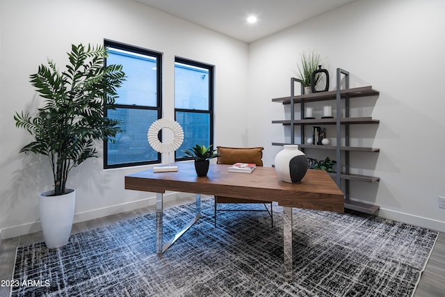 office featuring recessed lighting, wood finished floors, and baseboards