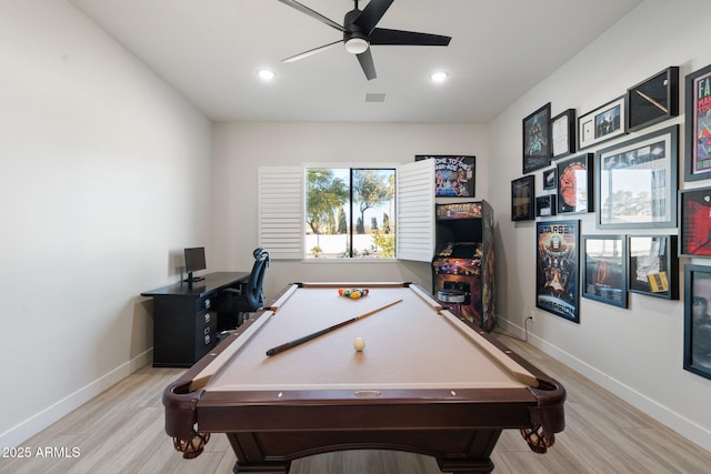 playroom with light hardwood / wood-style floors, ceiling fan, and pool table