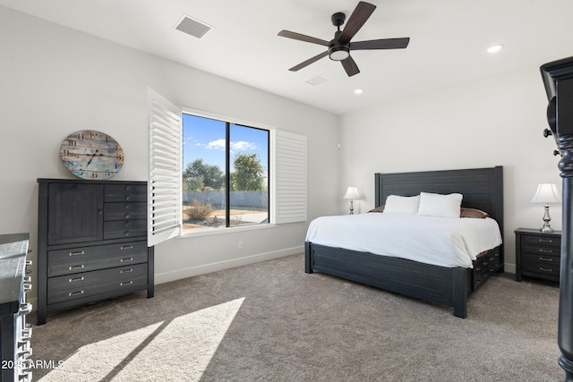 bedroom featuring carpet floors and ceiling fan