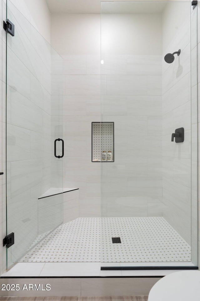 bathroom featuring a shower with shower door