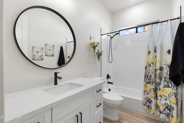 full bathroom with wood-type flooring, toilet, vanity, and shower / bath combination with curtain