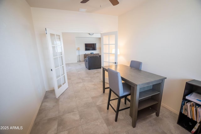 dining area featuring baseboards, french doors, a ceiling fan, and visible vents