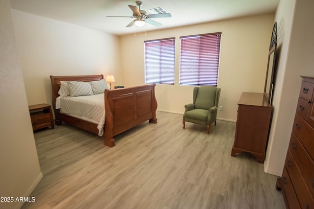bedroom featuring light wood finished floors, baseboards, ceiling fan, and visible vents