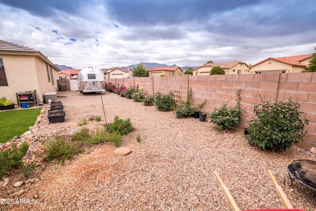 view of yard featuring a fenced backyard and a residential view