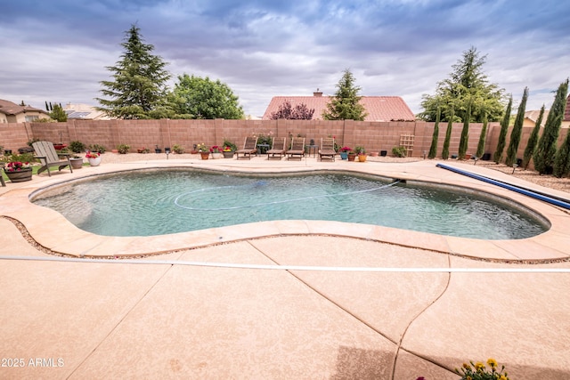 view of swimming pool with a patio, a fenced in pool, and a fenced backyard