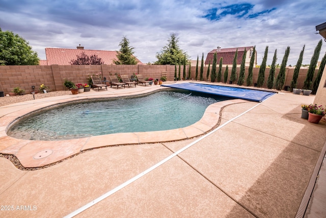 view of pool featuring a fenced backyard, a patio, a fenced in pool, and a jacuzzi