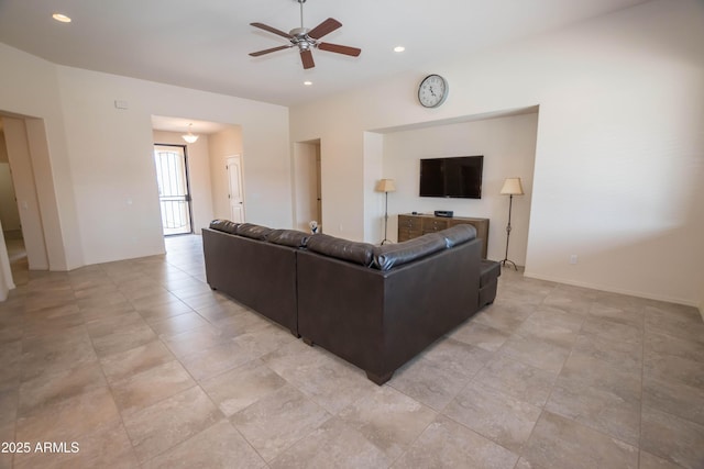 living room with recessed lighting and ceiling fan