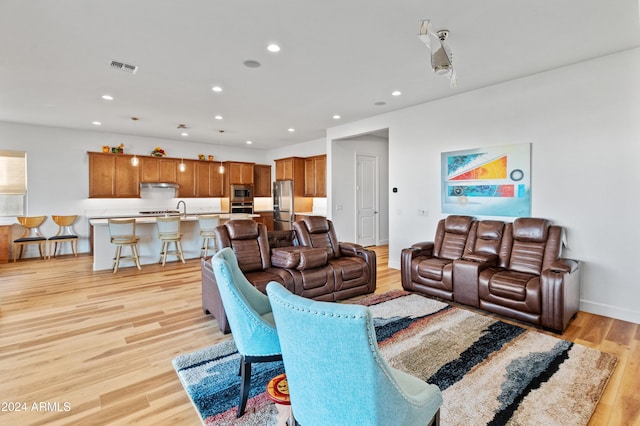 living room featuring light wood-type flooring and sink