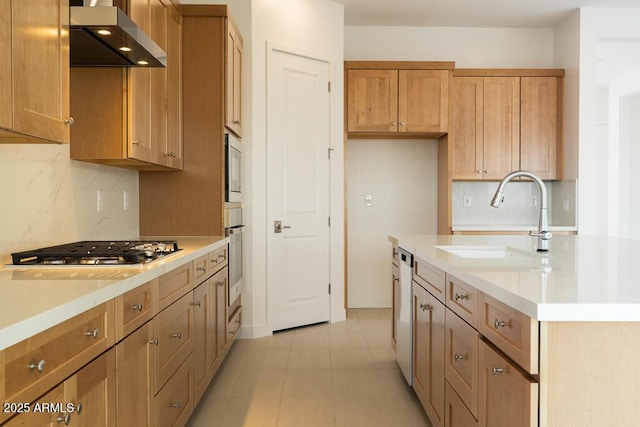 kitchen featuring decorative backsplash, stainless steel appliances, wall chimney range hood, and a sink