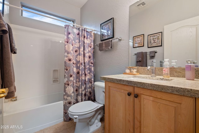 full bathroom with toilet, shower / bath combination with curtain, tile patterned flooring, and vanity