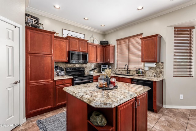 kitchen featuring black dishwasher, decorative backsplash, sink, a kitchen island, and range with electric stovetop