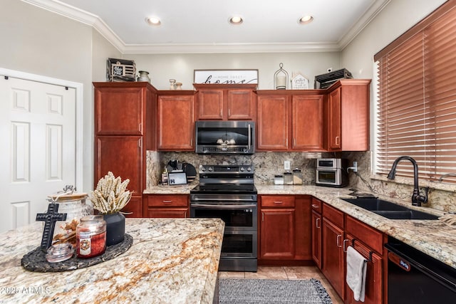 kitchen with dishwasher, sink, light tile patterned floors, light stone countertops, and range with two ovens