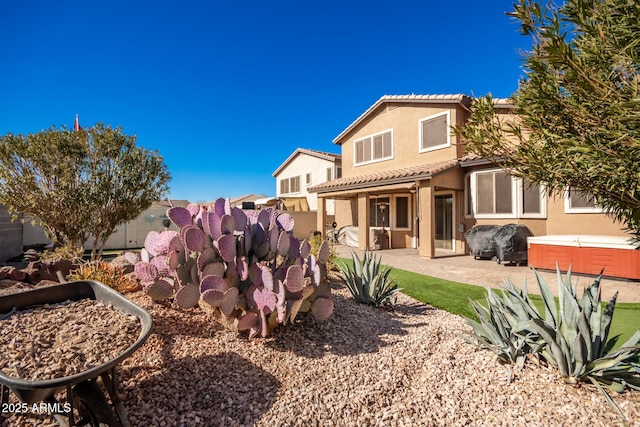 rear view of house featuring a patio and a hot tub