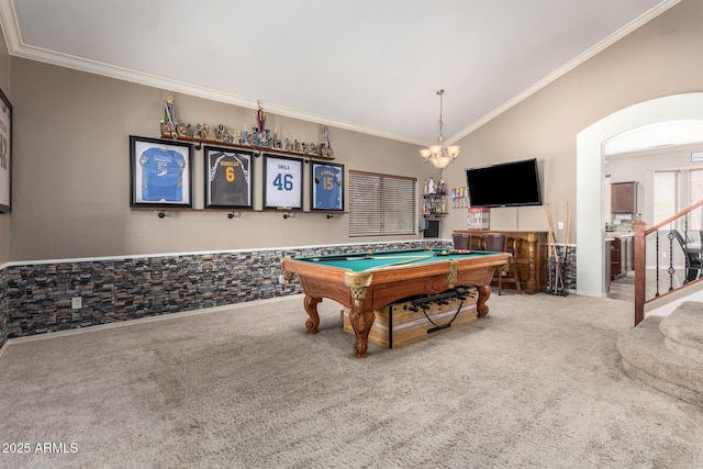 rec room featuring crown molding, pool table, carpet floors, and lofted ceiling