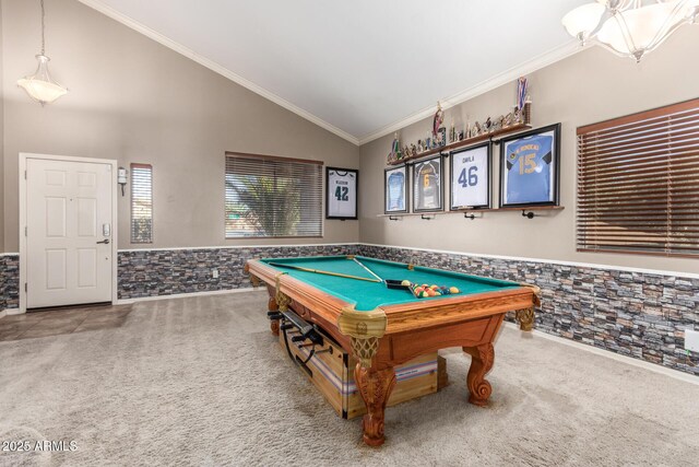 rec room with crown molding, carpet flooring, vaulted ceiling, and billiards