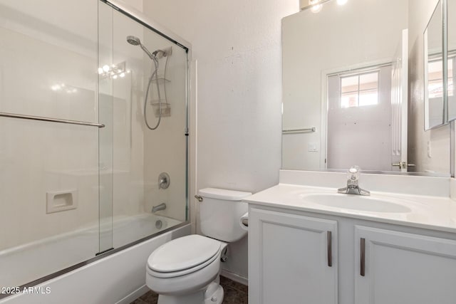 full bathroom with vanity, toilet, and enclosed tub / shower combo