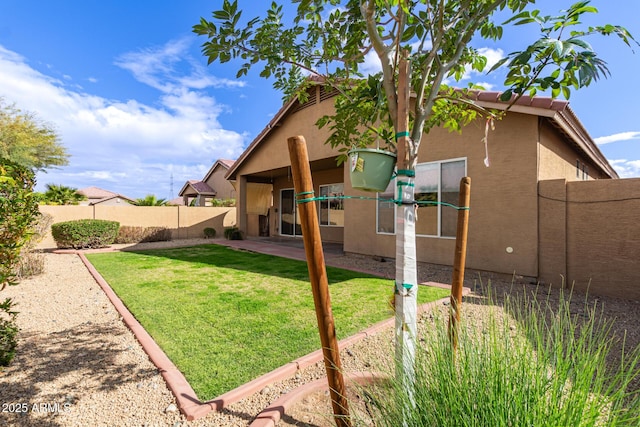 rear view of house with a patio area, stucco siding, a lawn, and fence